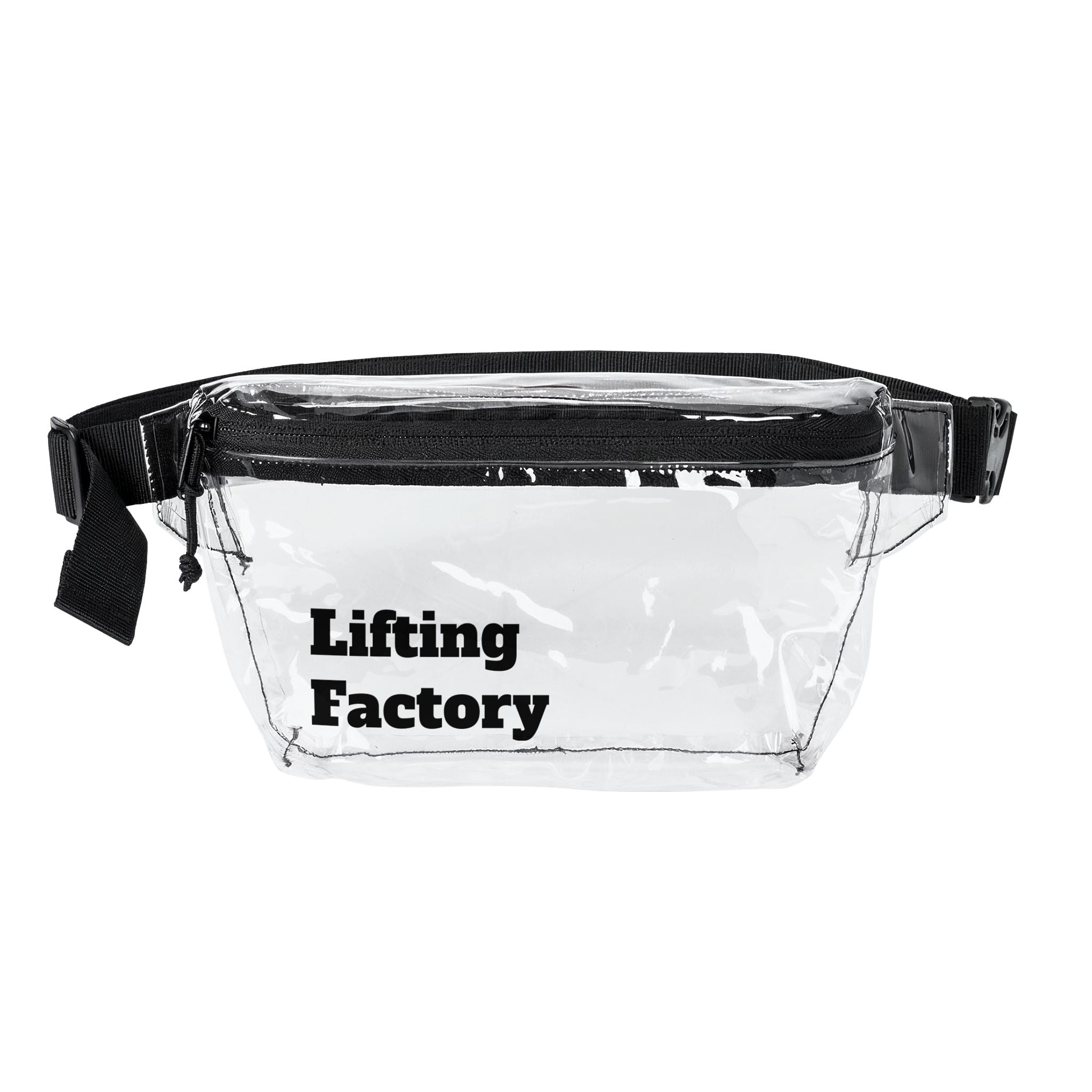 Transparent Fanny Pack — Clear Stadium Bag with 'Lifting Factory' Print