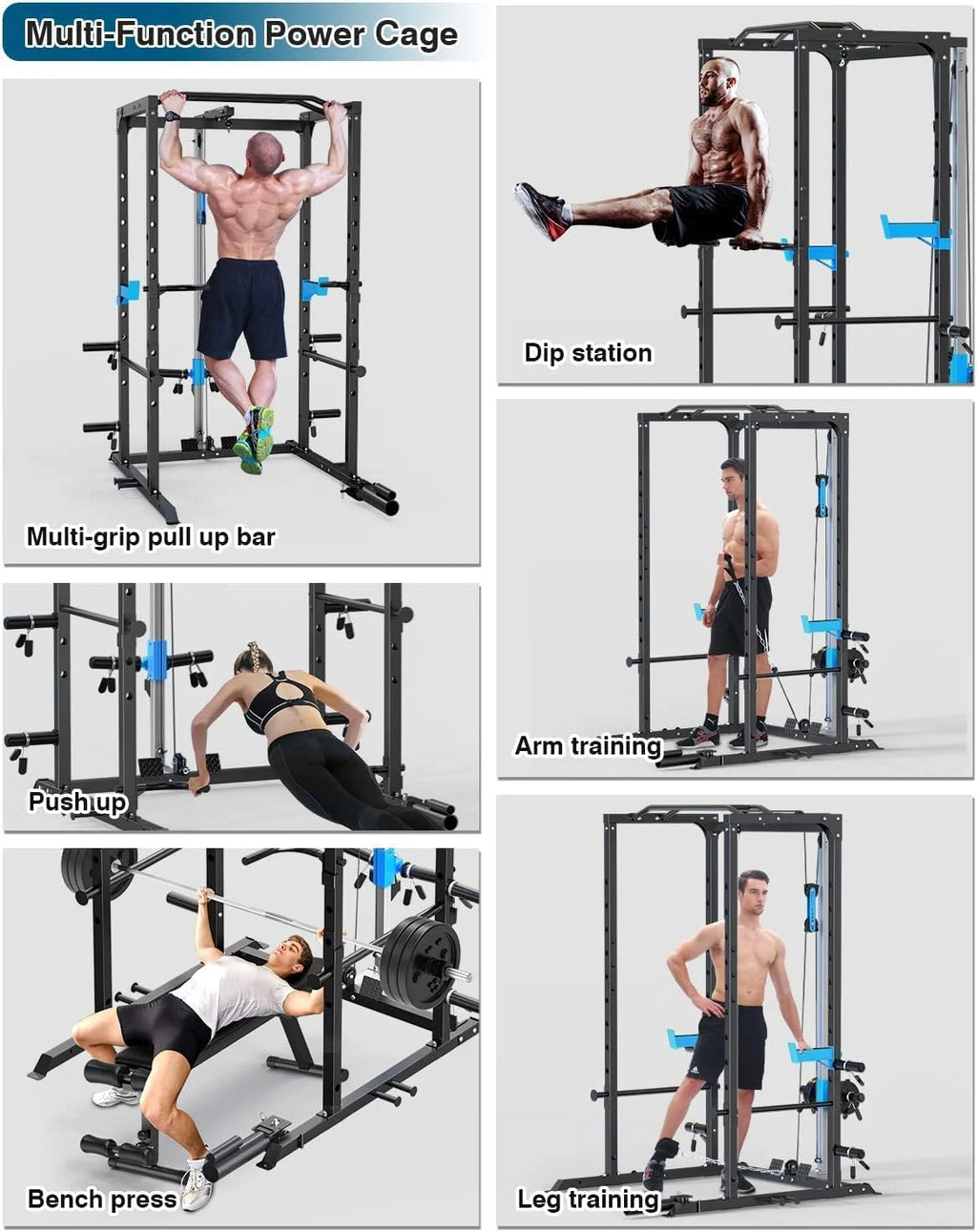 Power Cage Multi-Functional J-Hooks, Dip Handles, Landmine, Cable Pulley for Home Gym