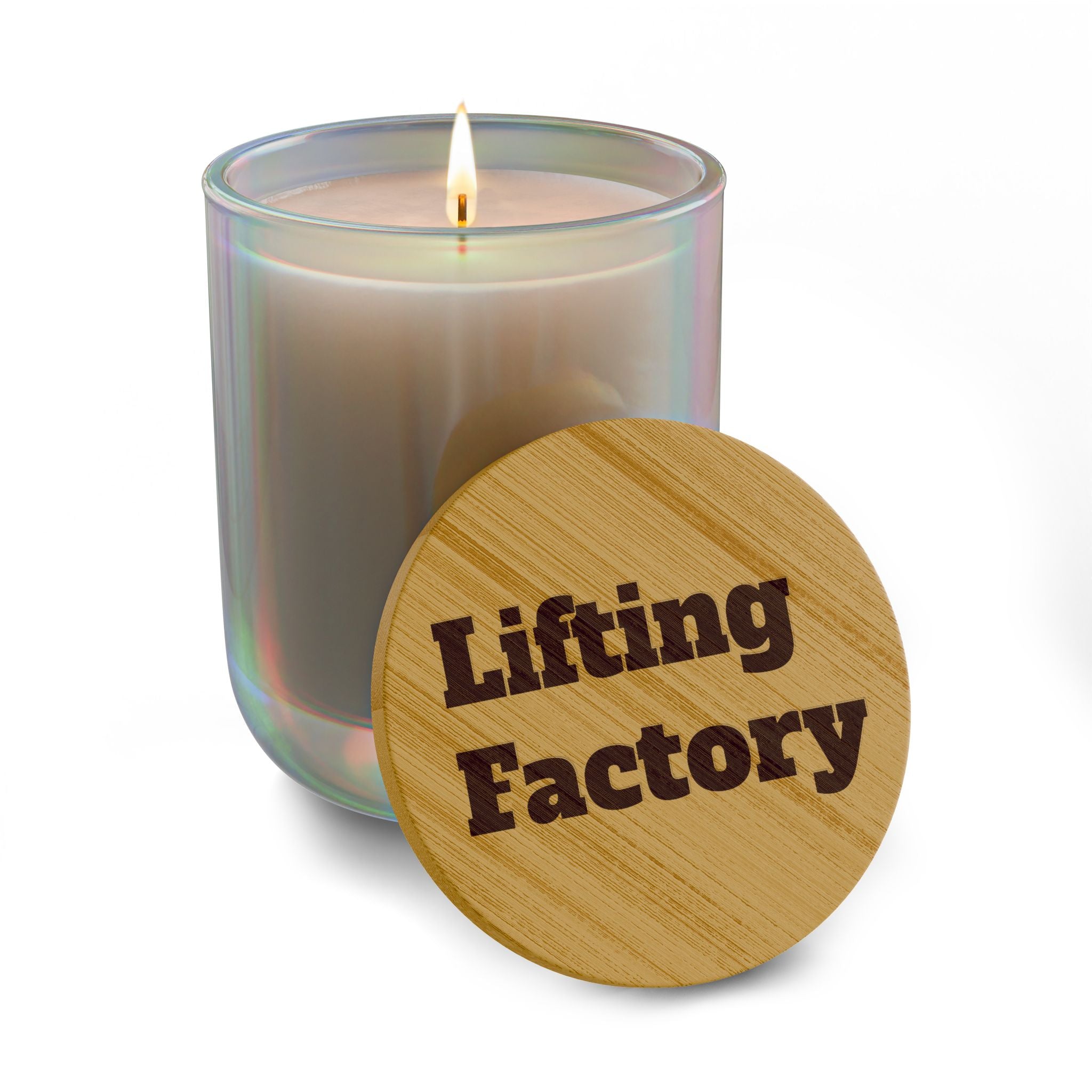 Engraved "Lifting Factory" Soy Candle — 14oz Scented Bamboo Lid Candle