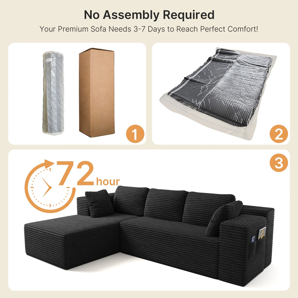Sofa,  105" Free Assembly L-Shaped Sectional with Pet Friendly Corduroy Fabric, Black for Living Room/Apartment