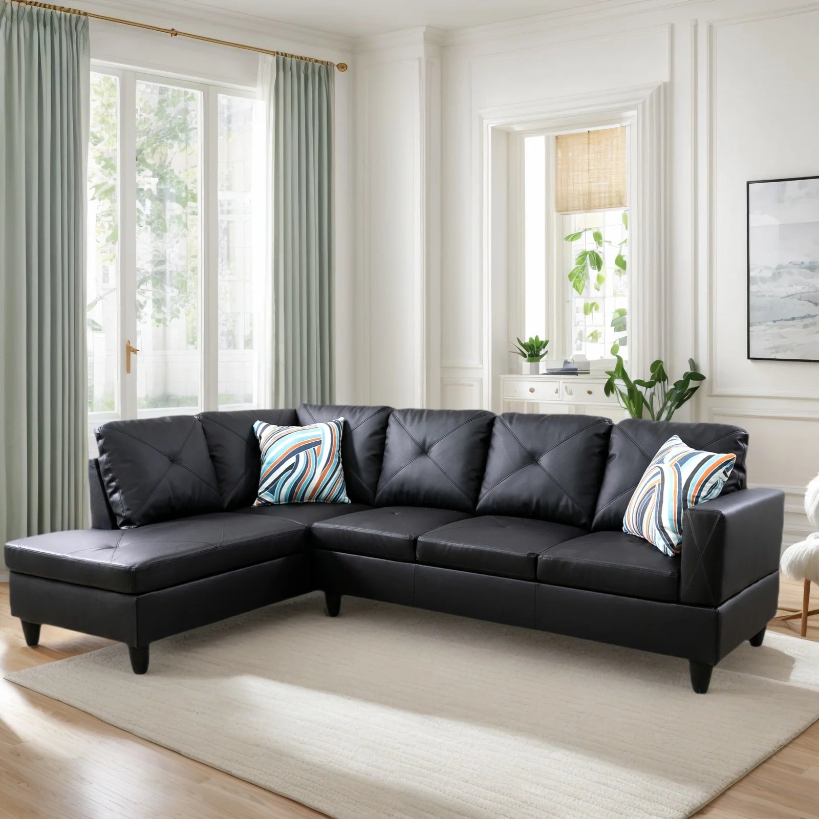 4-Seat Faux Leather Sectional Sofa Couch with Chaise Lounge, L Shaped Sofa Set Living Room Furniture Sofa Sets for Home, Left Side, No Ottoman, Black
