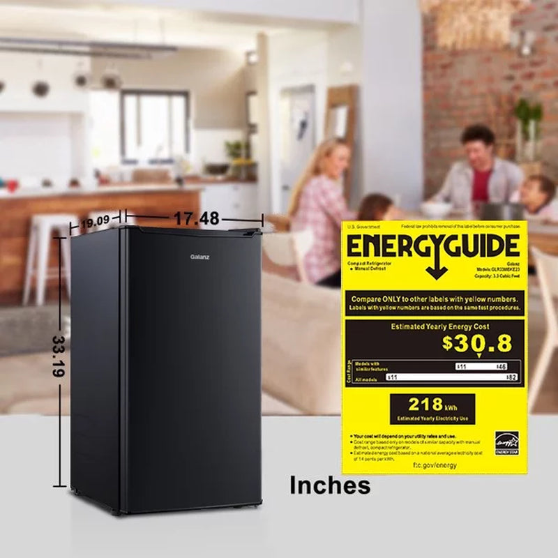 3.3 Cu Ft Compact Refrigerator, Black One Door Mini Fridge, Energy Star for Apartment, Dorm, Office, Bedroom