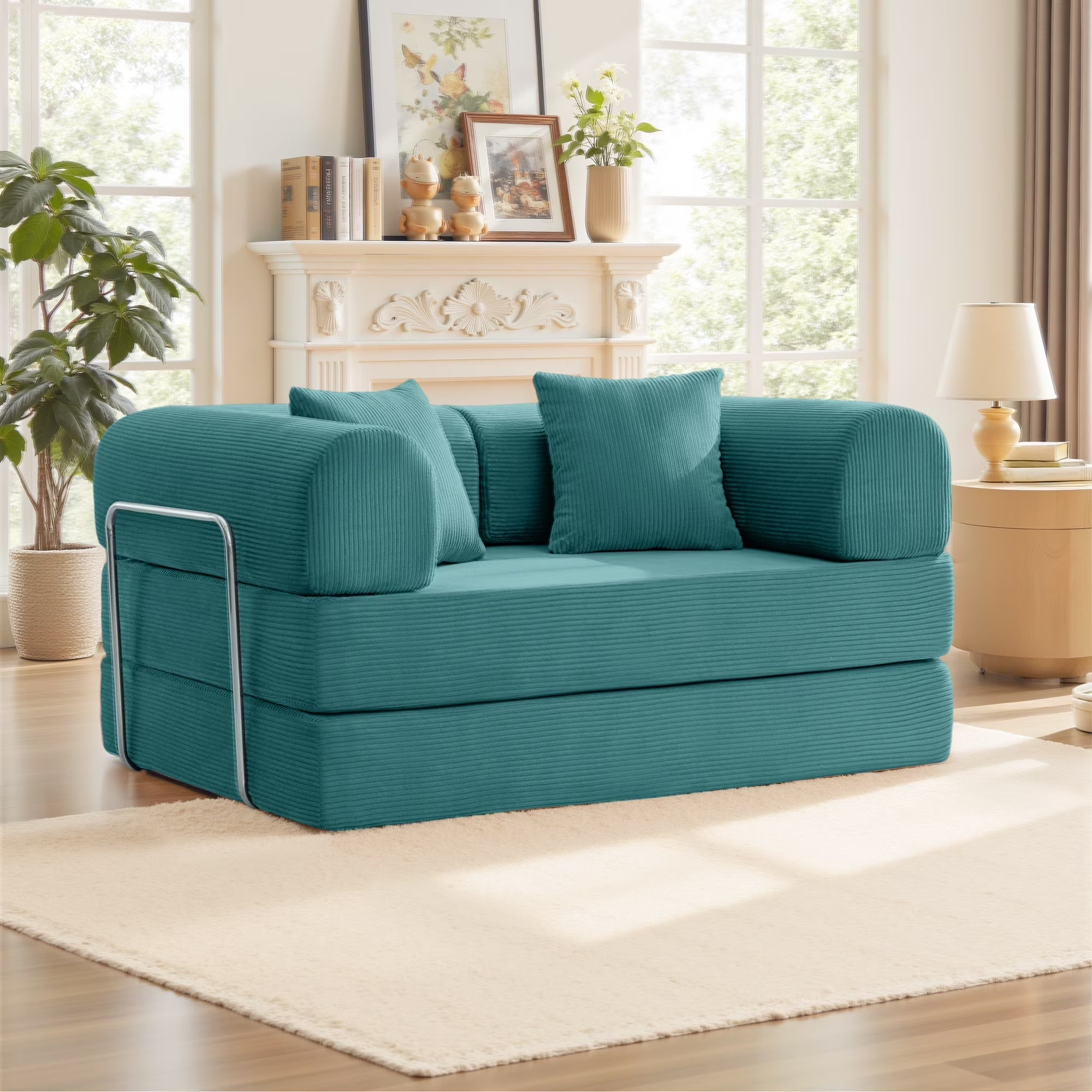 63" W Combination Sofa, High Rebound Density Sponge Sofa Couch, Two Forms Floor Couch Three Seats Sofa Bed for Living Room, Bedroom, Seafoam