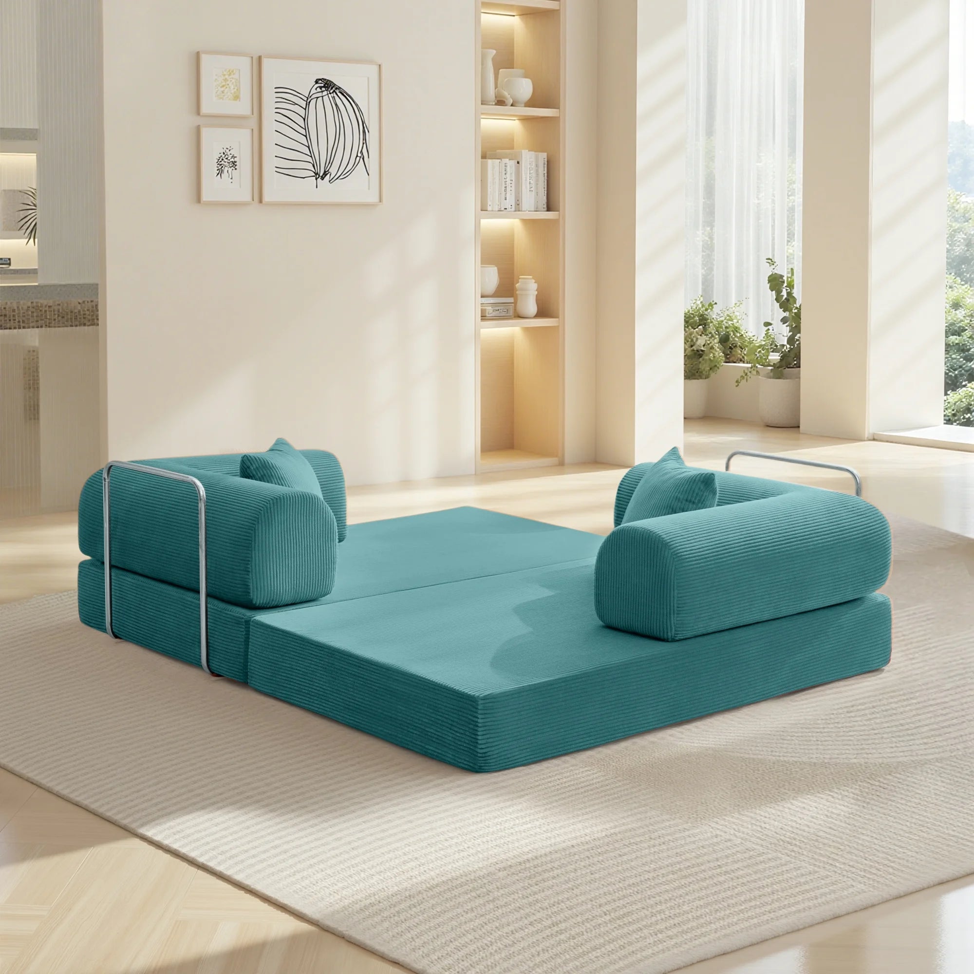 63" W Combination Sofa, High Rebound Density Sponge Sofa Couch, Two Forms Floor Couch Three Seats Sofa Bed for Living Room, Bedroom, Seafoam