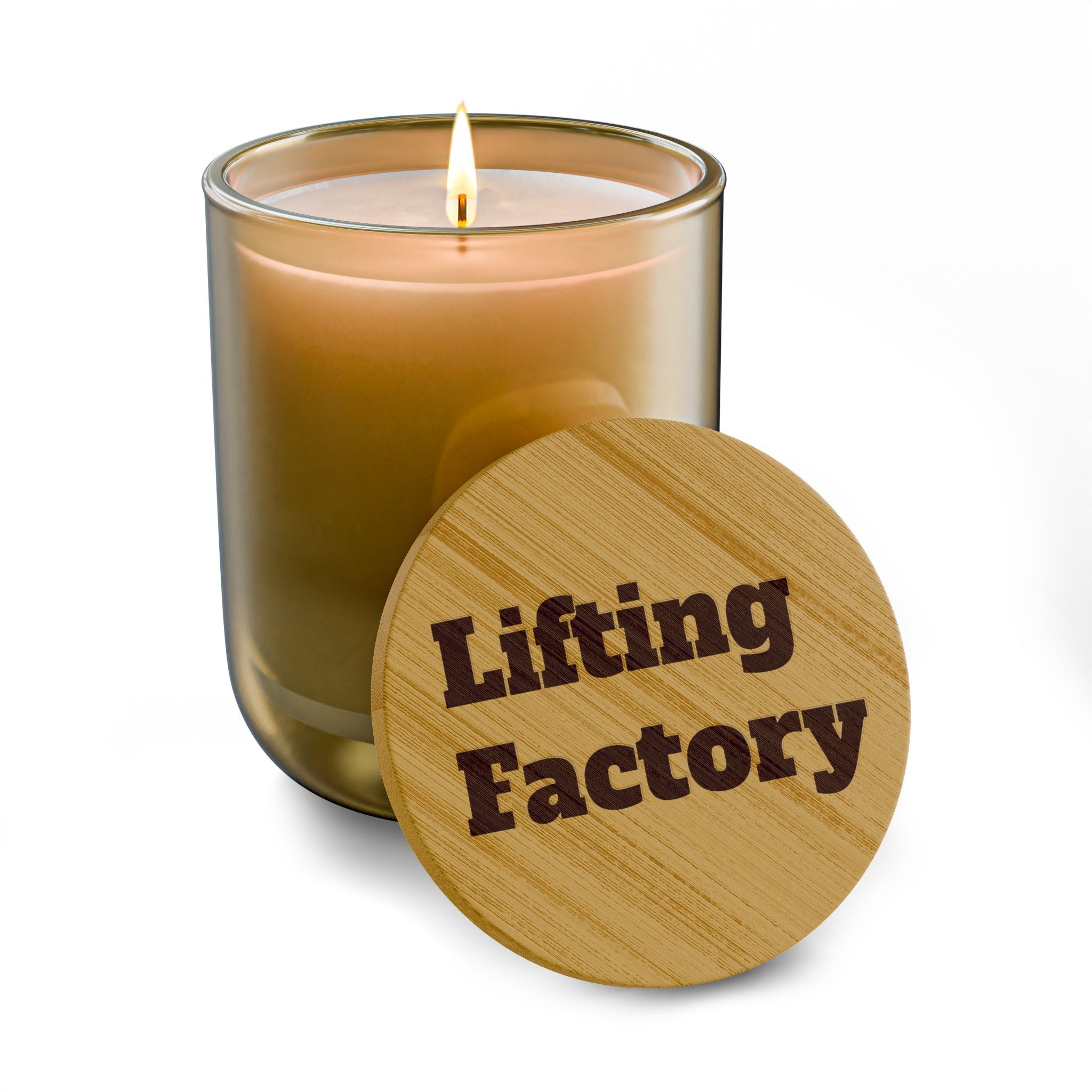 Engraved "Lifting Factory" Soy Candle — 14oz Scented Bamboo Lid Candle