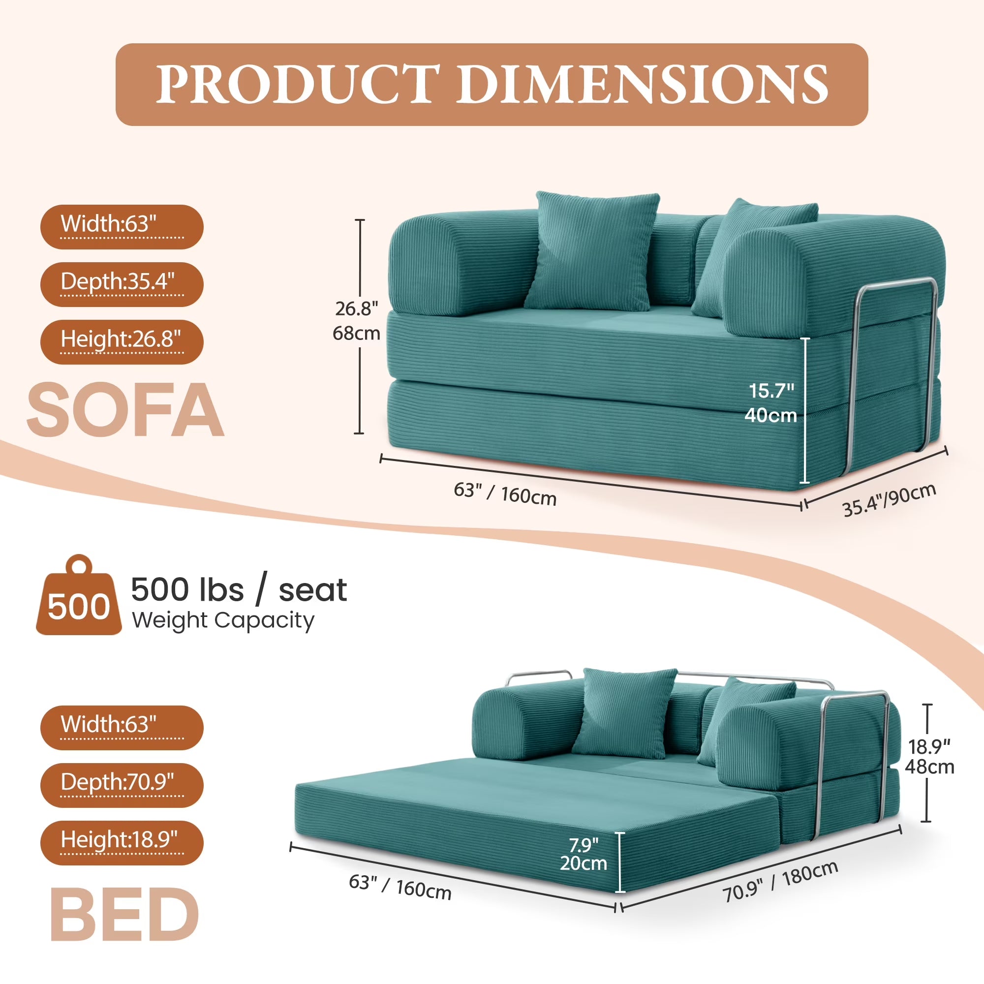 63" W Combination Sofa, High Rebound Density Sponge Sofa Couch, Two Forms Floor Couch Three Seats Sofa Bed for Living Room, Bedroom, Seafoam