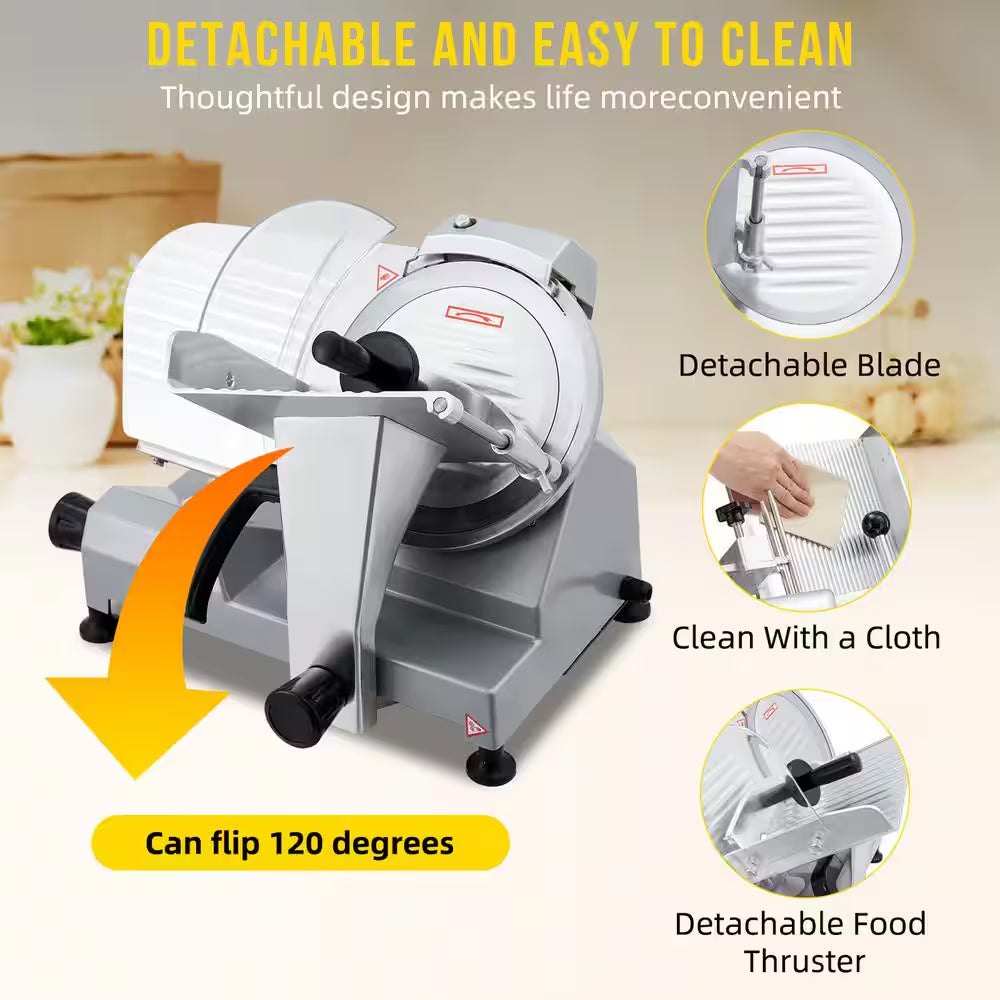 240W Silver Semi-Automatic Electric Frozen Meat Slicer with 10" Stainless Steel Blade, 0 to 0.48" Thickness Adjustable
