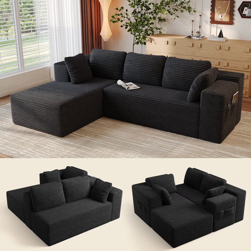 Sofa,  105" Free Assembly L-Shaped Sectional with Pet Friendly Corduroy Fabric, Black for Living Room/Apartment