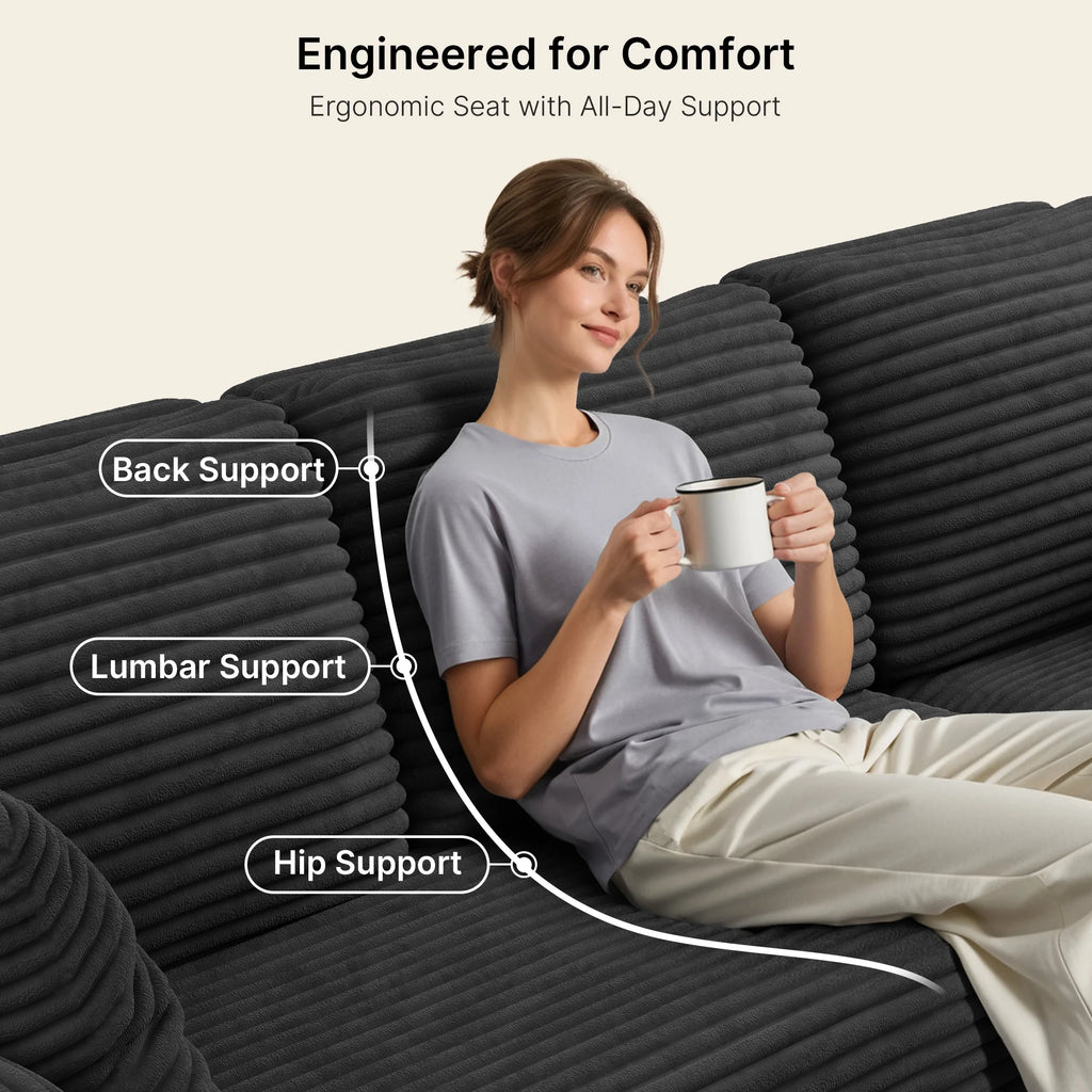 Sofa,  105" Free Assembly L-Shaped Sectional with Pet Friendly Corduroy Fabric, Black for Living Room/Apartment