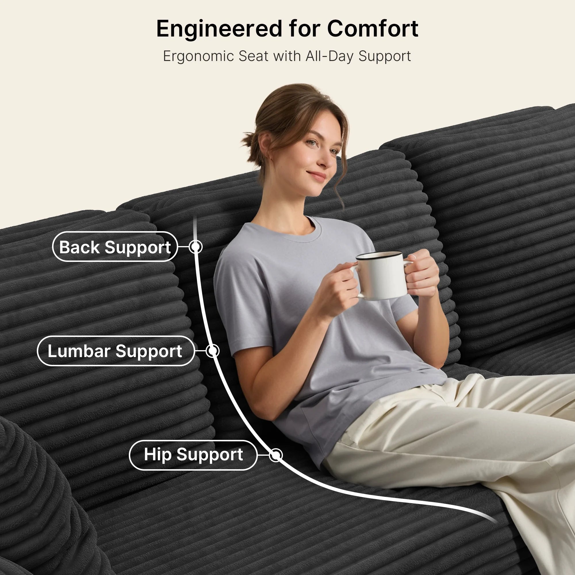 Sofa,  105" Free Assembly L-Shaped Sectional with Pet Friendly Corduroy Fabric, Black for Living Room/Apartment