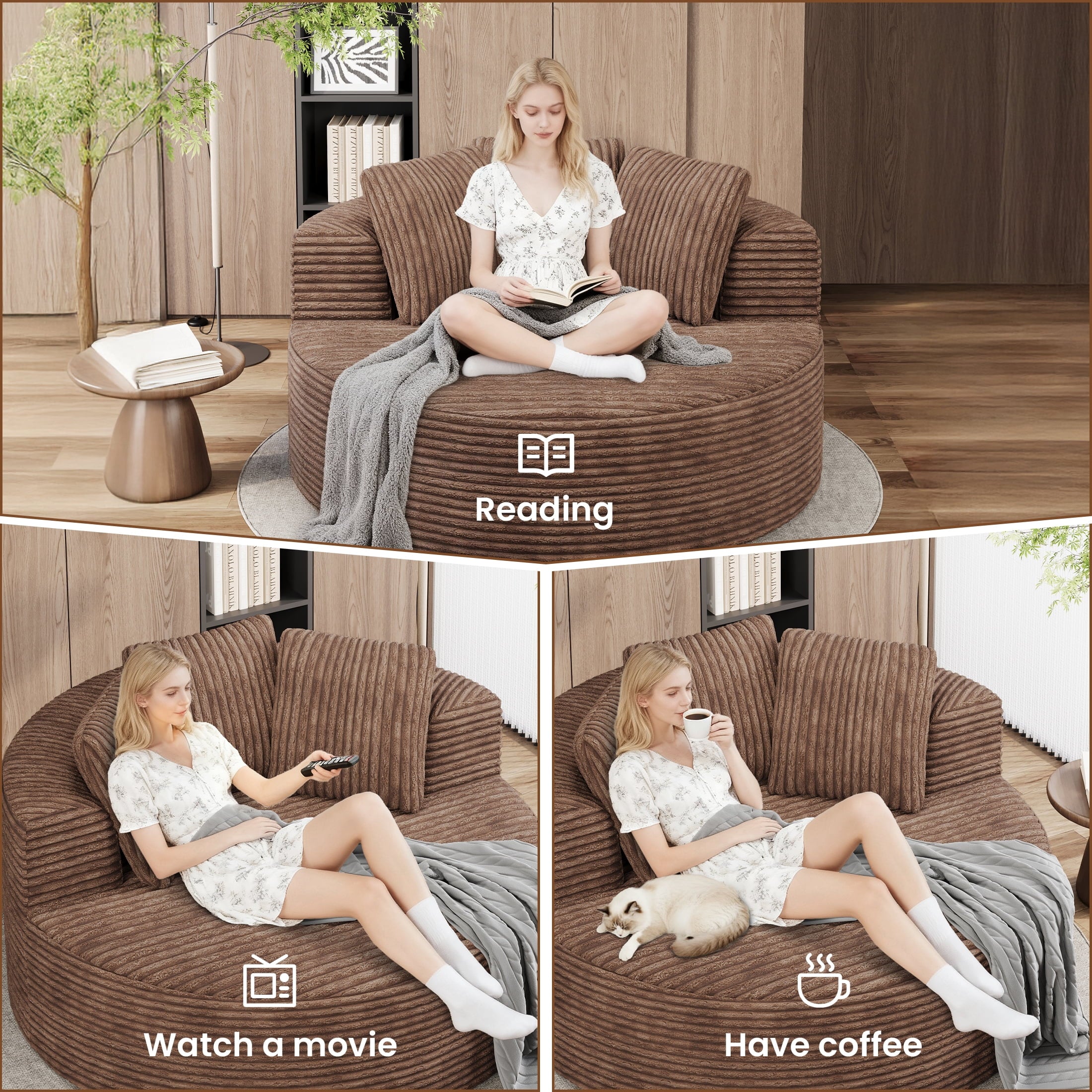 Magic Home Modern Lazy Sofa Foam Couch Sectional Sofa Togo Sofa Floor Sofa for Bedroom,Living Room,Apartment and Small Space,Single Seat Sofa,Brown