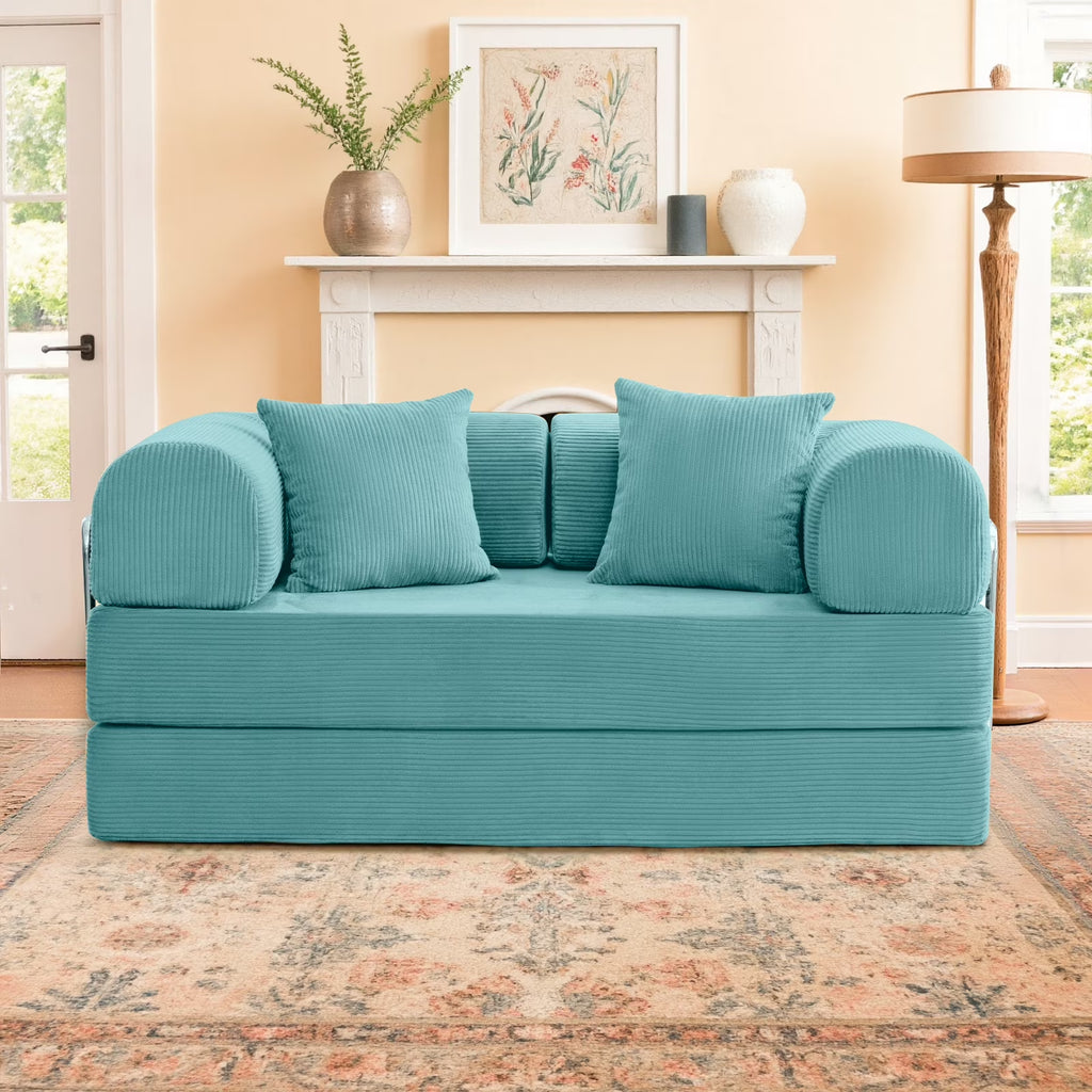 63" W Combination Sofa, High Rebound Density Sponge Sofa Couch, Two Forms Floor Couch Three Seats Sofa Bed for Living Room, Bedroom, Seafoam