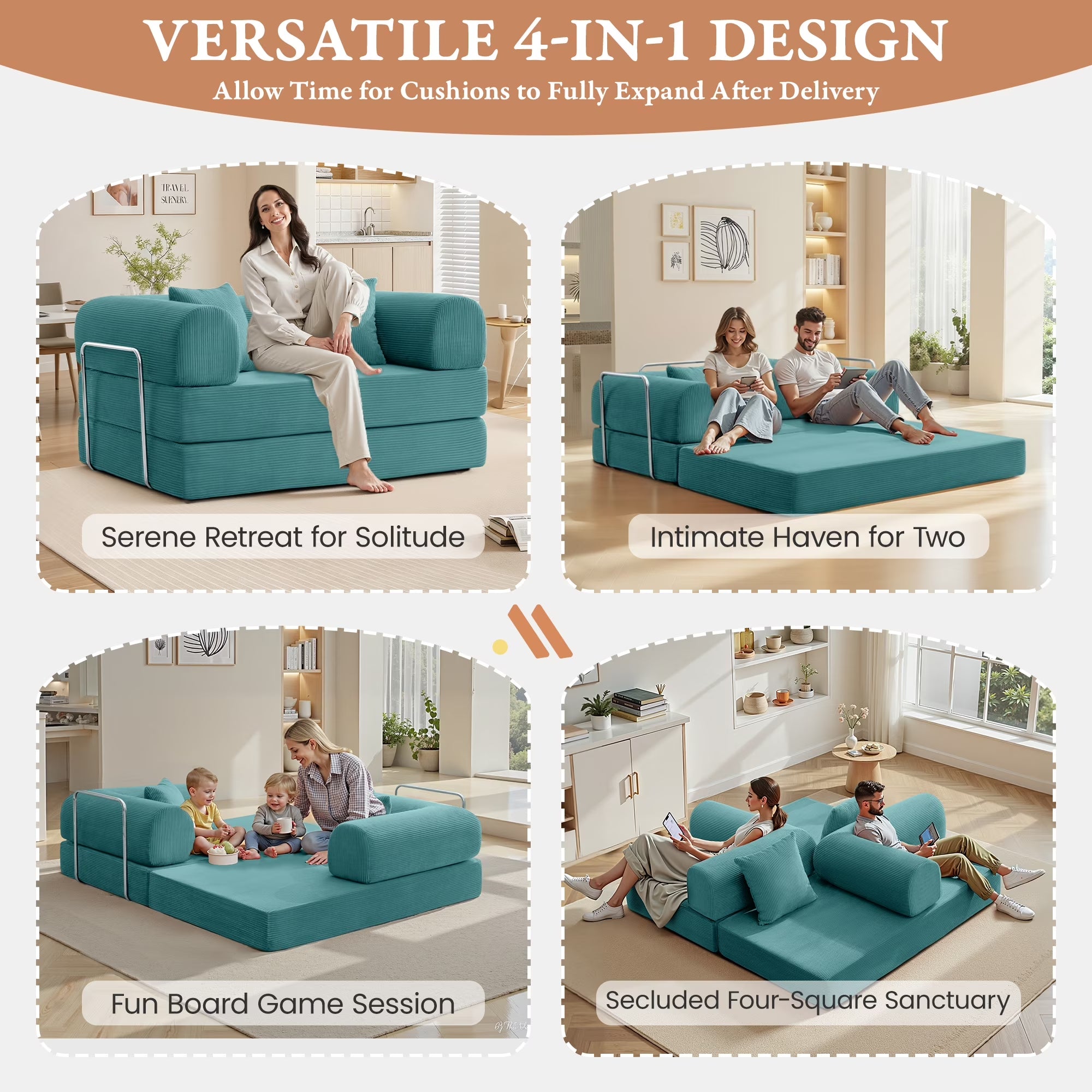 63" W Combination Sofa, High Rebound Density Sponge Sofa Couch, Two Forms Floor Couch Three Seats Sofa Bed for Living Room, Bedroom, Seafoam