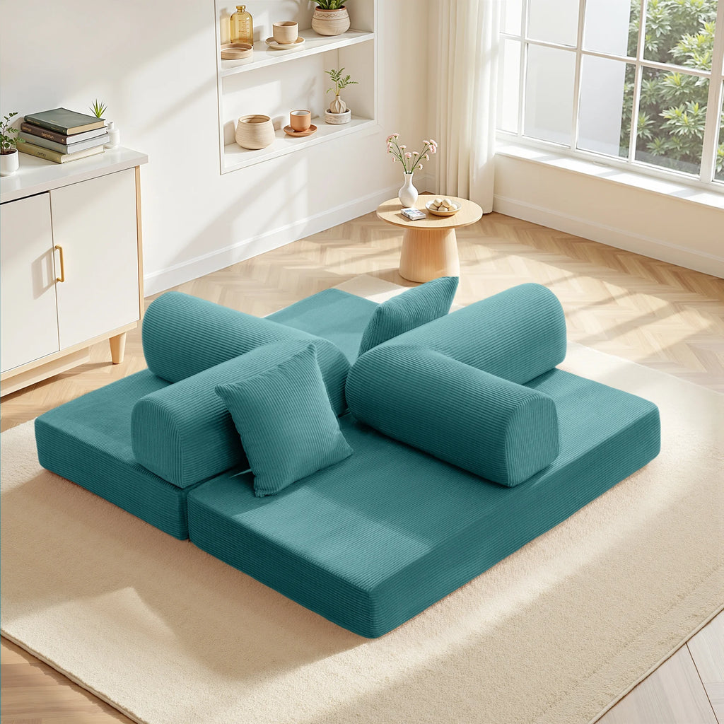 63" W Combination Sofa, High Rebound Density Sponge Sofa Couch, Two Forms Floor Couch Three Seats Sofa Bed for Living Room, Bedroom, Seafoam