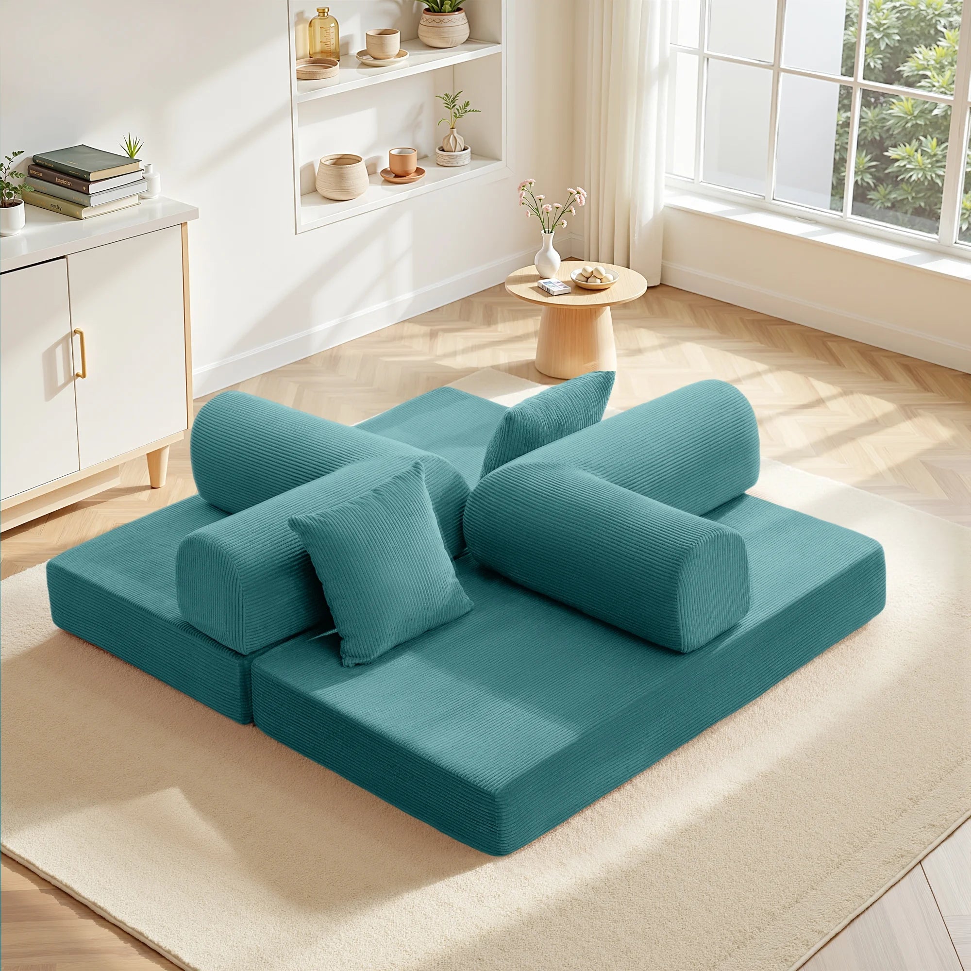 63" W Combination Sofa, High Rebound Density Sponge Sofa Couch, Two Forms Floor Couch Three Seats Sofa Bed for Living Room, Bedroom, Seafoam
