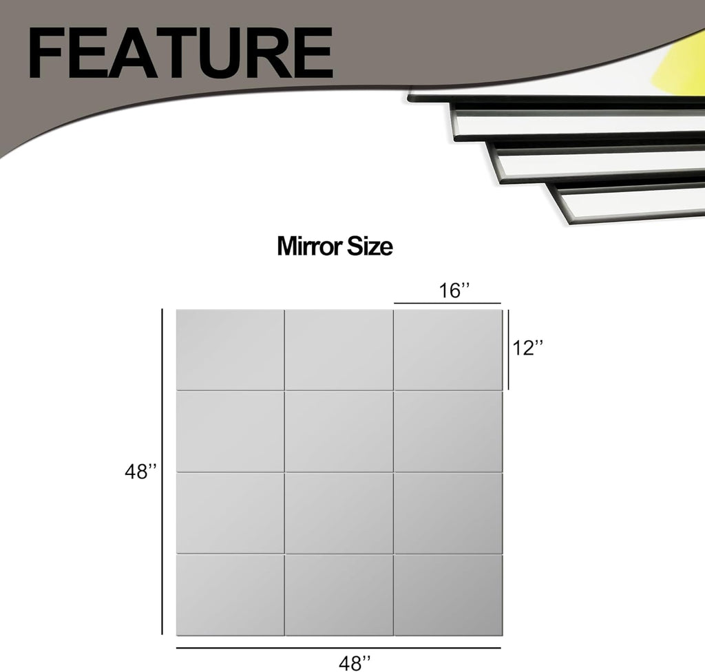 Large Home Gym Mirror Tiles - 12 Pcs Full Body Workout Mirrors 16"X12