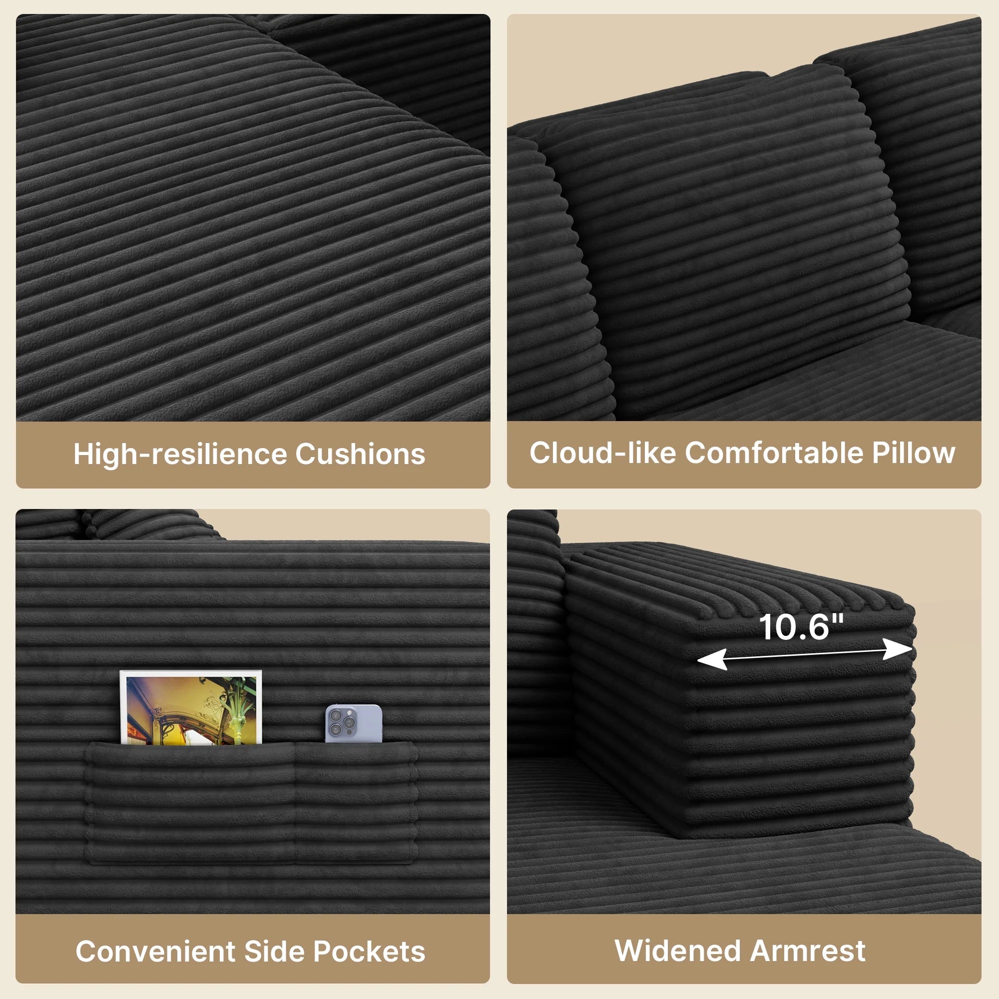 Sofa,  105" Free Assembly L-Shaped Sectional with Pet Friendly Corduroy Fabric, Black for Living Room/Apartment