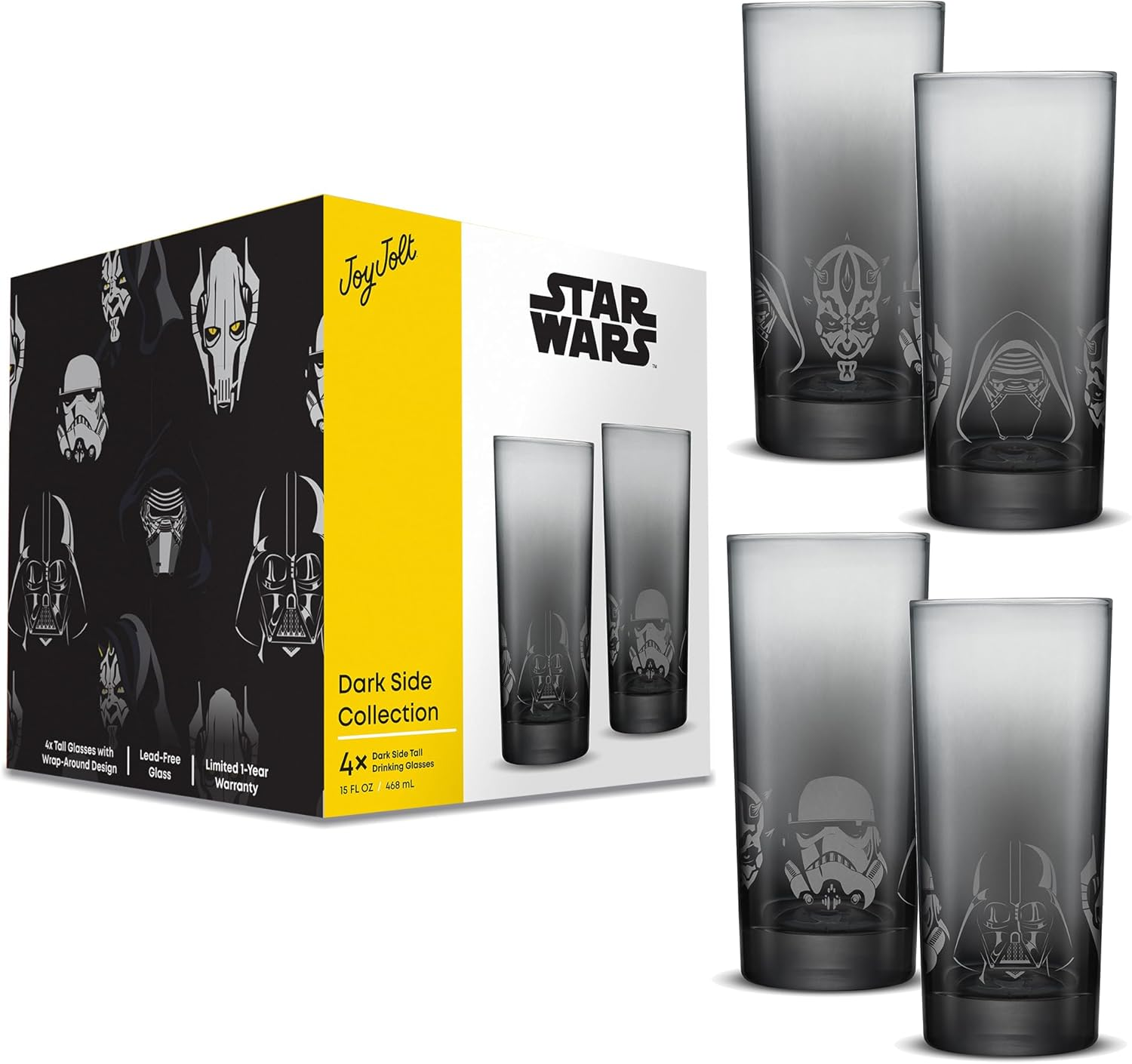 Star Wars Dark Side Drinking Glasses Set of 4, 15Oz Highball Glasses, Tall Glass
