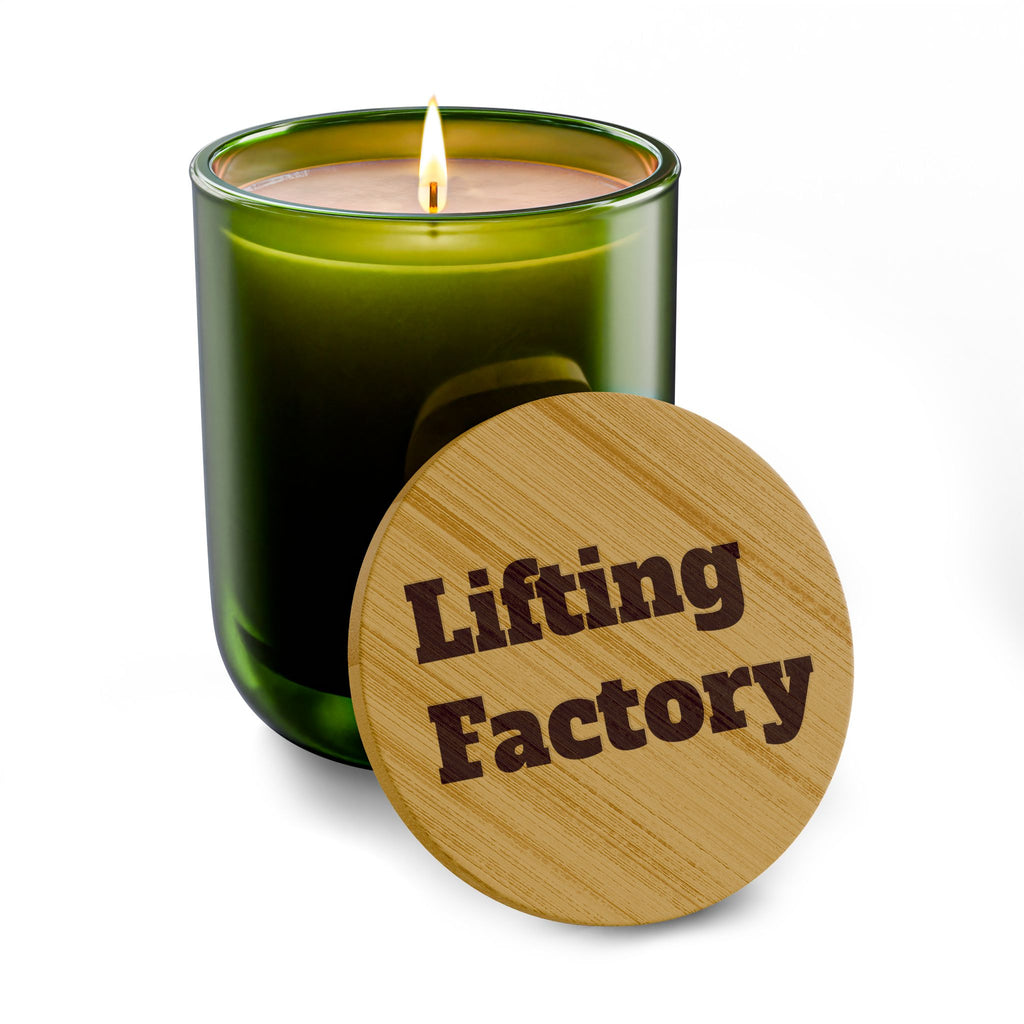 Engraved "Lifting Factory" Soy Candle — 14oz Scented Bamboo Lid Candle