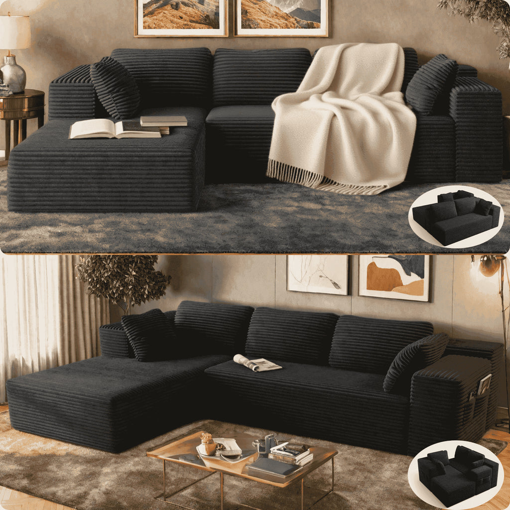 Sofa,  105" Free Assembly L-Shaped Sectional with Pet Friendly Corduroy Fabric, Black for Living Room/Apartment