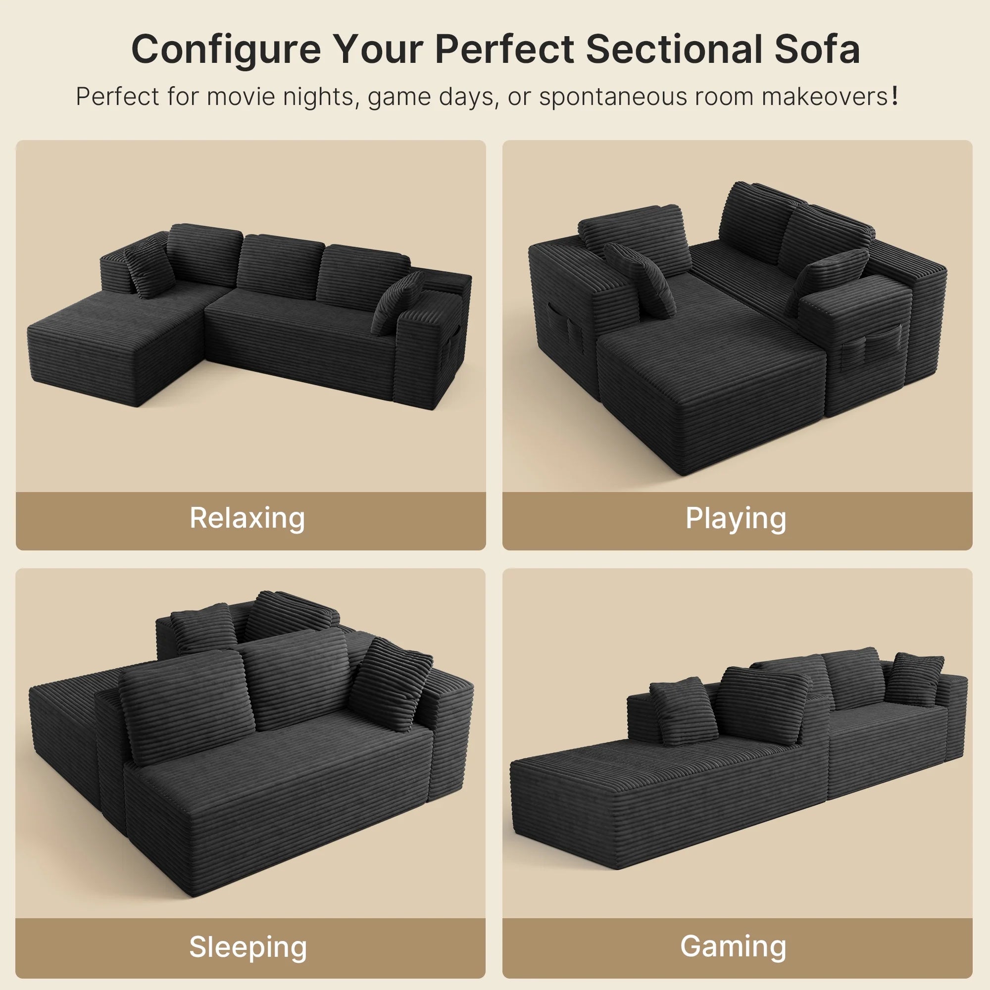 Sofa,  105" Free Assembly L-Shaped Sectional with Pet Friendly Corduroy Fabric, Black for Living Room/Apartment
