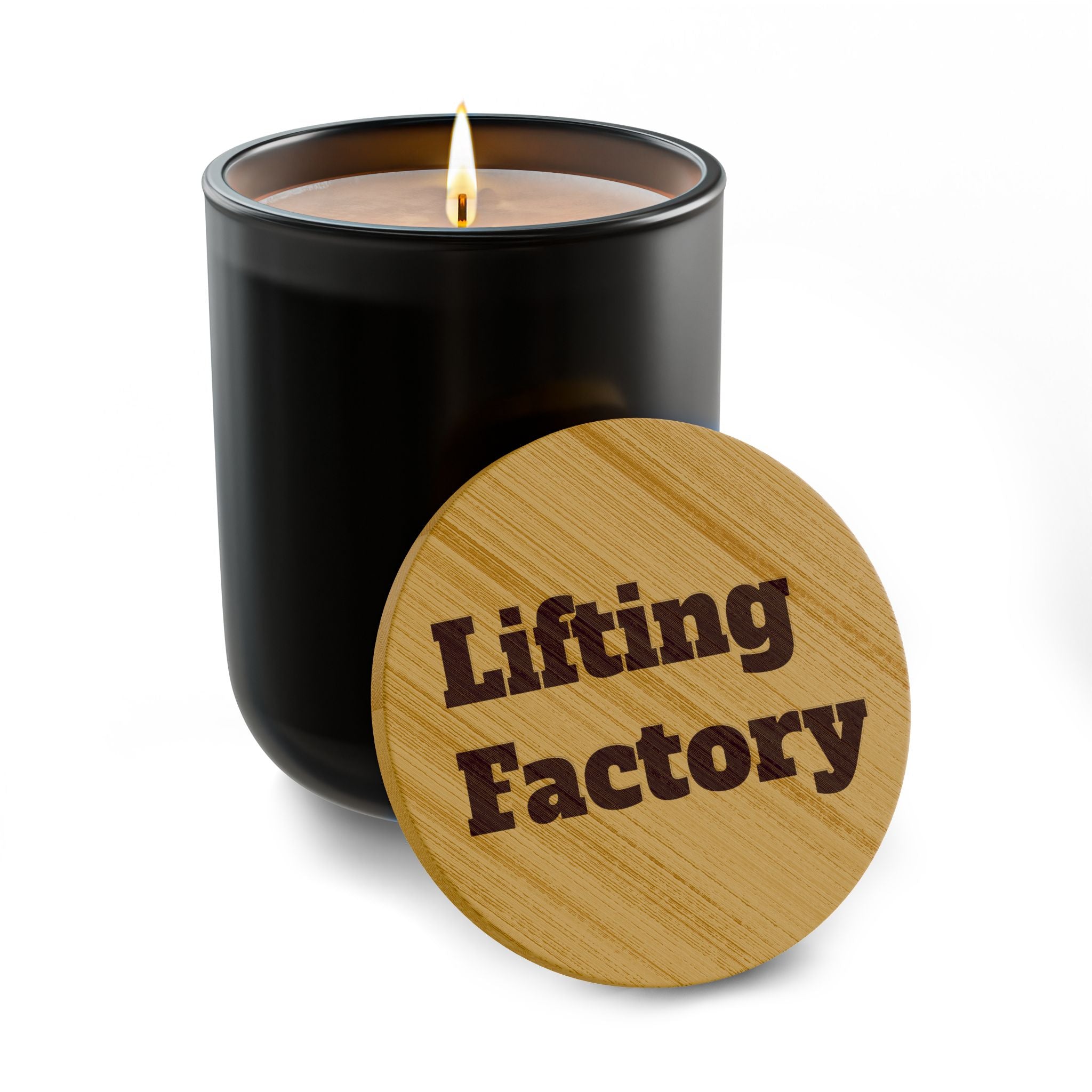 Engraved "Lifting Factory" Soy Candle — 14oz Scented Bamboo Lid Candle