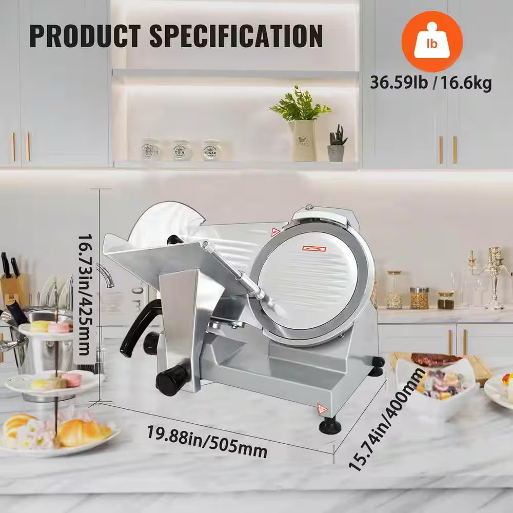 240W Silver Semi-Automatic Electric Frozen Meat Slicer with 10" Stainless Steel Blade, 0 to 0.48" Thickness Adjustable