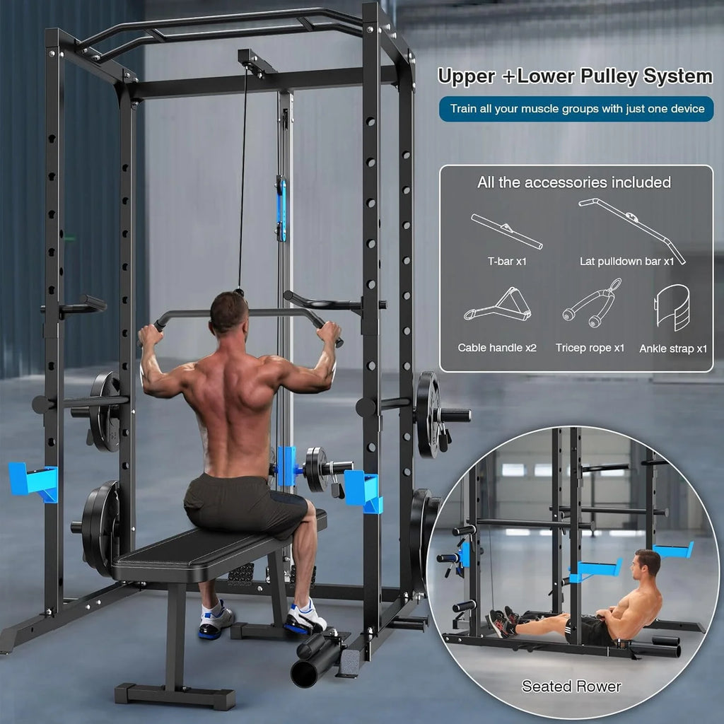 Power Cage Multi-Functional J-Hooks, Dip Handles, Landmine, Cable Pulley for Home Gym