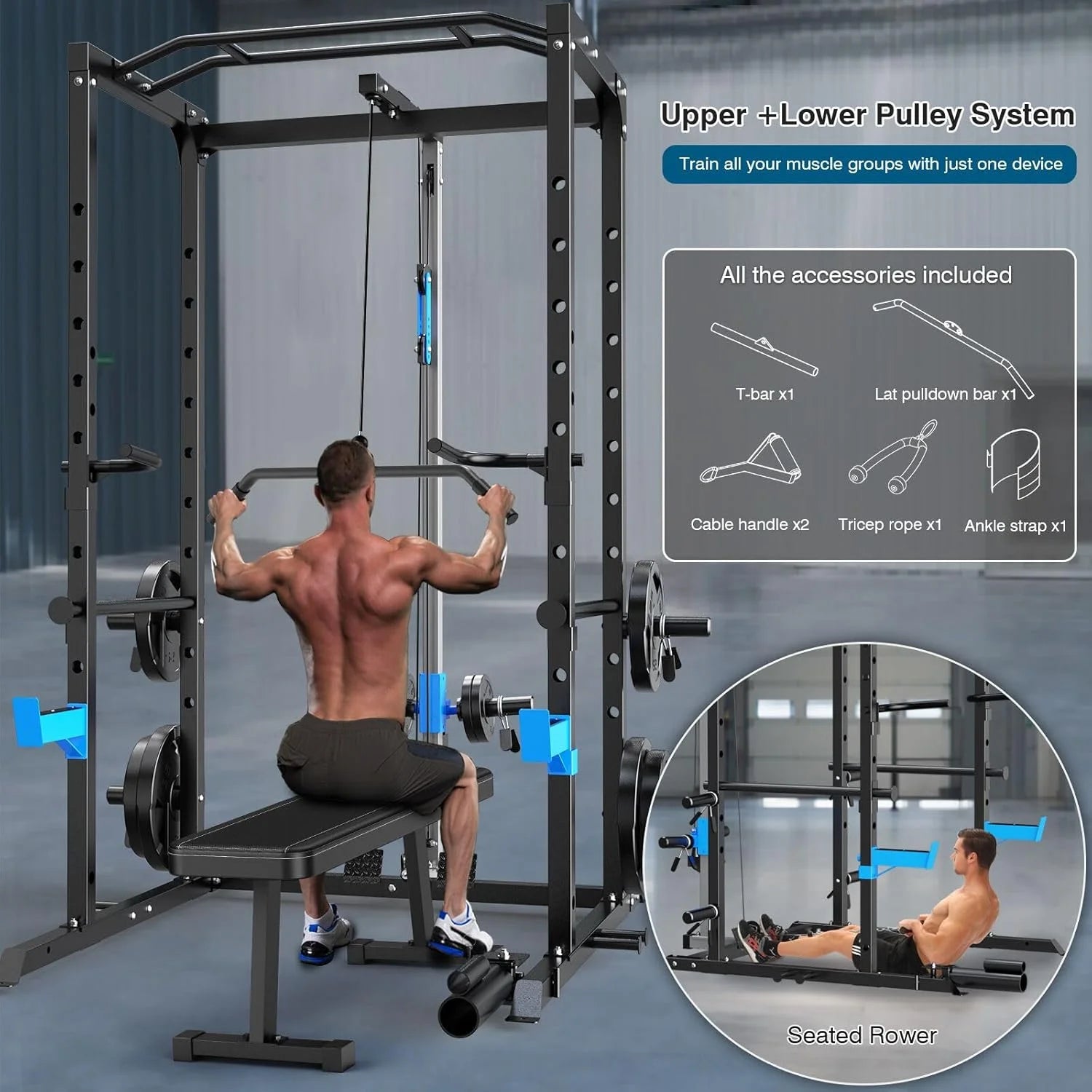Power Cage Multi-Functional J-Hooks, Dip Handles, Landmine, Cable Pulley for Home Gym