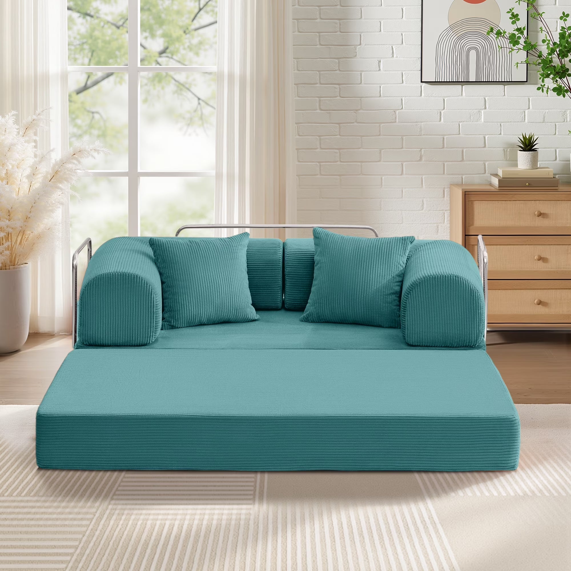 63" W Combination Sofa, High Rebound Density Sponge Sofa Couch, Two Forms Floor Couch Three Seats Sofa Bed for Living Room, Bedroom, Seafoam