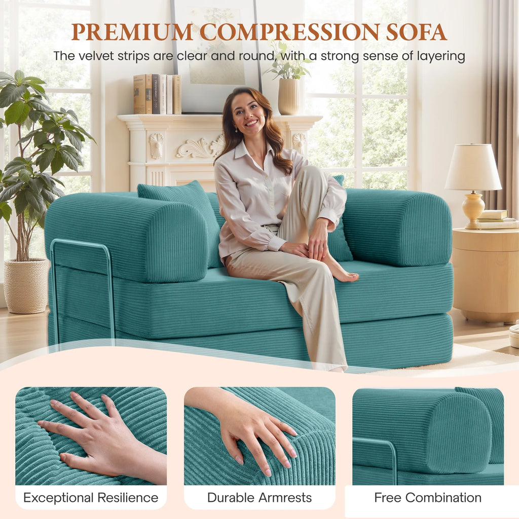 63" W Combination Sofa, High Rebound Density Sponge Sofa Couch, Two Forms Floor Couch Three Seats Sofa Bed for Living Room, Bedroom, Seafoam