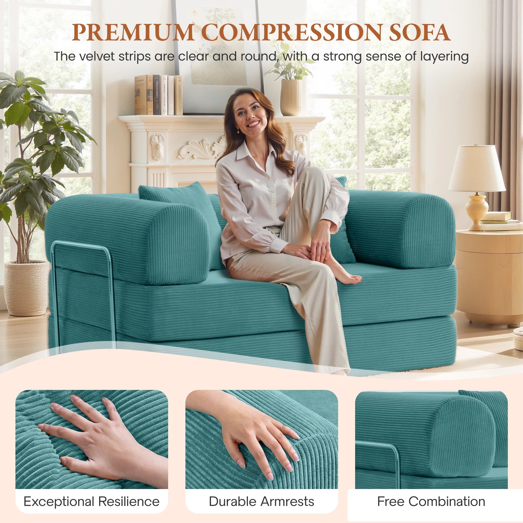 63" W Combination Sofa, High Rebound Density Sponge Sofa Couch, Two Forms Floor Couch Three Seats Sofa Bed for Living Room, Bedroom, Seafoam