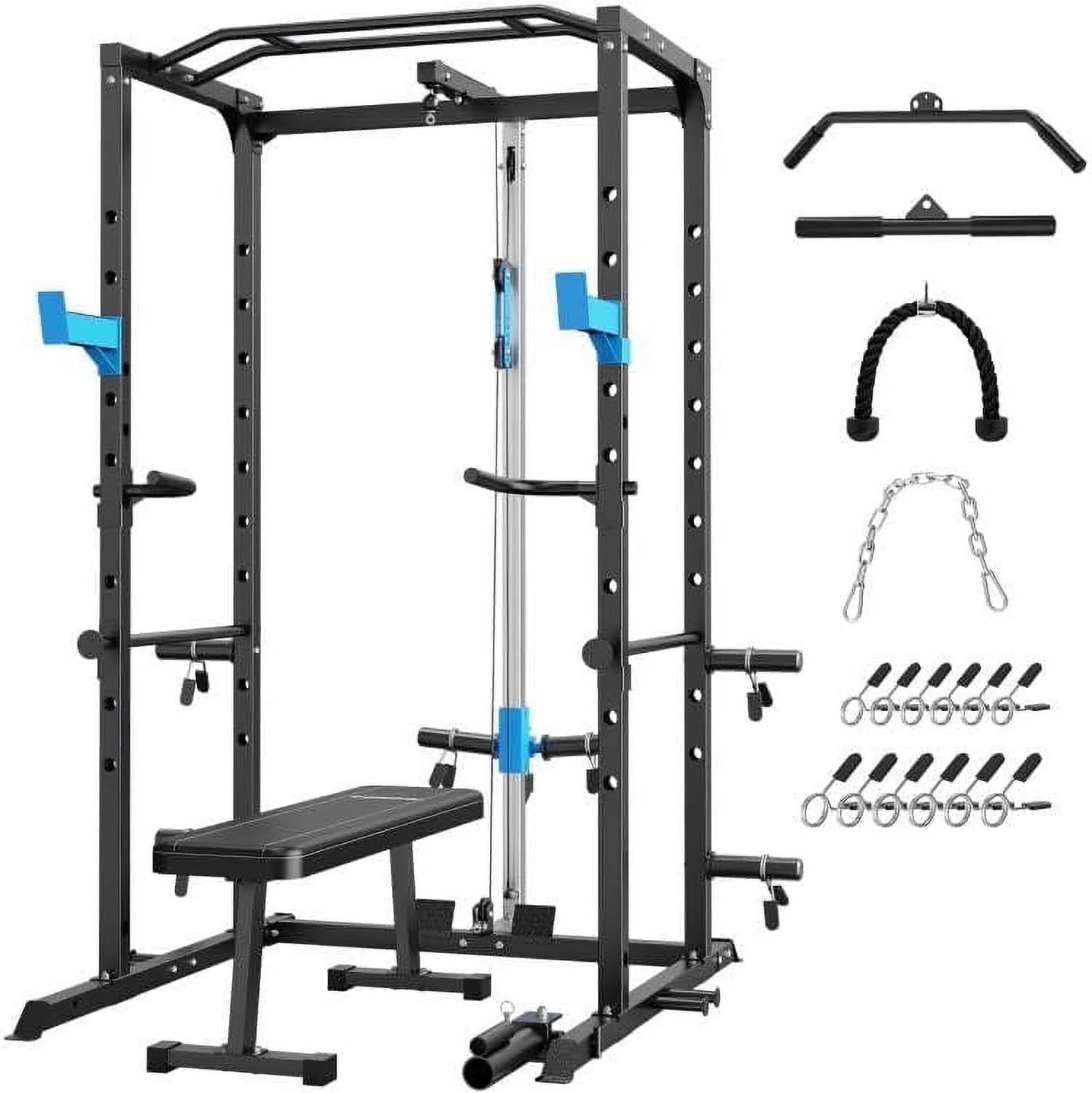 Power Cage Multi-Functional J-Hooks, Dip Handles, Landmine, Cable Pulley for Home Gym