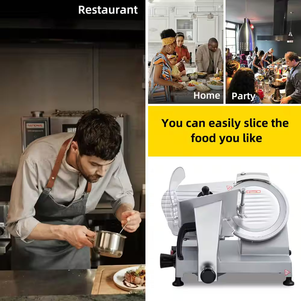 240W Silver Semi-Automatic Electric Frozen Meat Slicer with 10" Stainless Steel Blade, 0 to 0.48" Thickness Adjustable