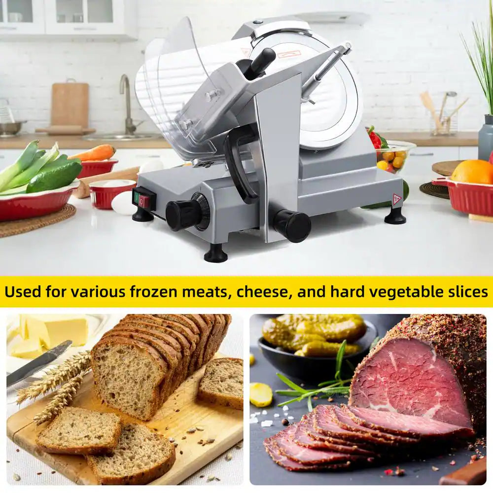 240W Silver Semi-Automatic Electric Frozen Meat Slicer with 10" Stainless Steel Blade, 0 to 0.48" Thickness Adjustable