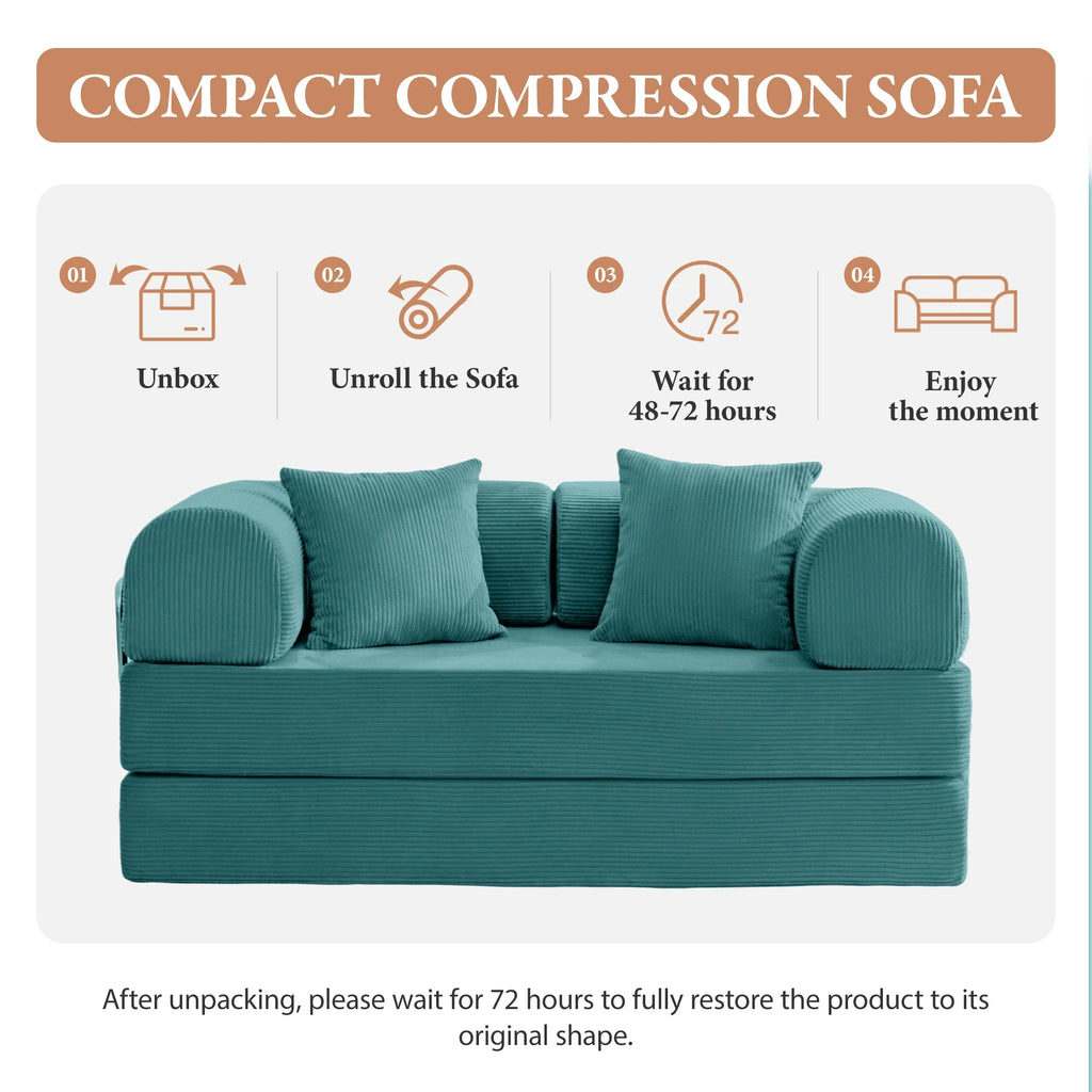 63" W Combination Sofa, High Rebound Density Sponge Sofa Couch, Two Forms Floor Couch Three Seats Sofa Bed for Living Room, Bedroom, Seafoam