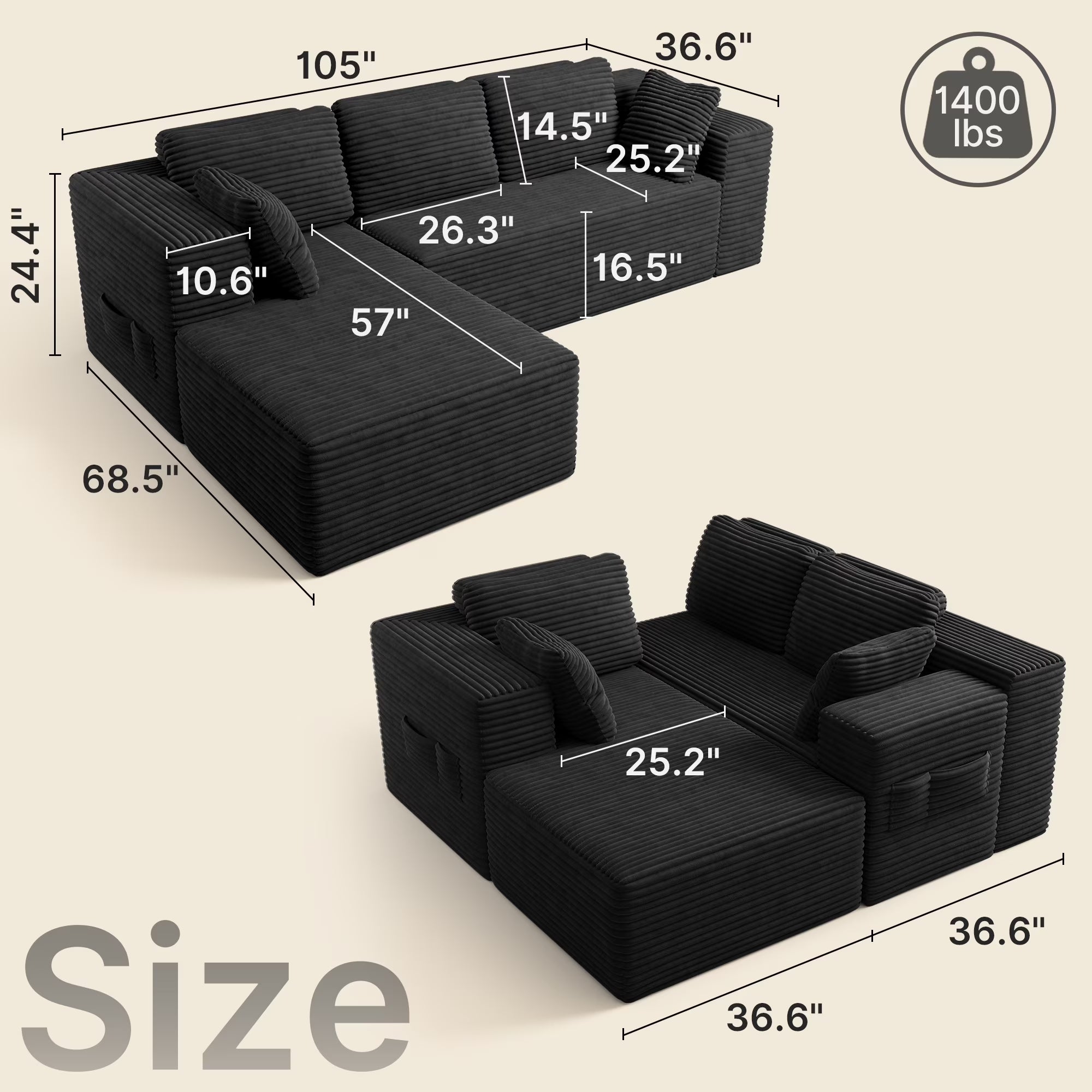 Sofa,  105" Free Assembly L-Shaped Sectional with Pet Friendly Corduroy Fabric, Black for Living Room/Apartment