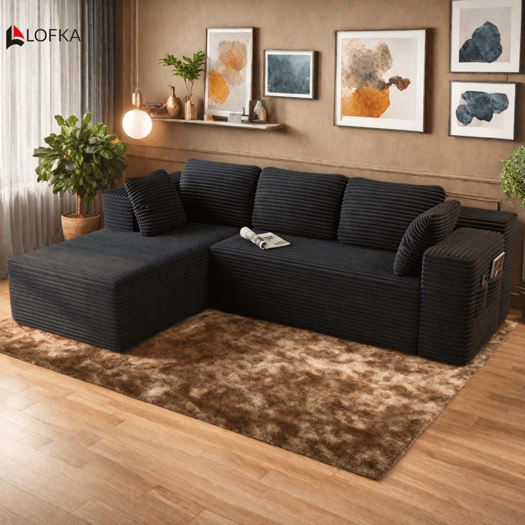 Sofa,  105" Free Assembly L-Shaped Sectional with Pet Friendly Corduroy Fabric, Black for Living Room/Apartment