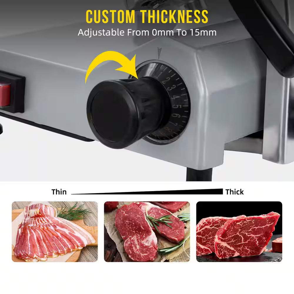 240W Silver Semi-Automatic Electric Frozen Meat Slicer with 10" Stainless Steel Blade, 0 to 0.48" Thickness Adjustable