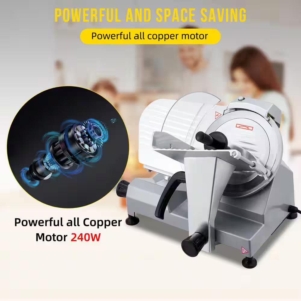 240W Silver Semi-Automatic Electric Frozen Meat Slicer with 10" Stainless Steel Blade, 0 to 0.48" Thickness Adjustable