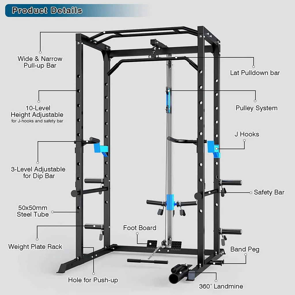 Power Cage Multi-Functional J-Hooks, Dip Handles, Landmine, Cable Pulley for Home Gym