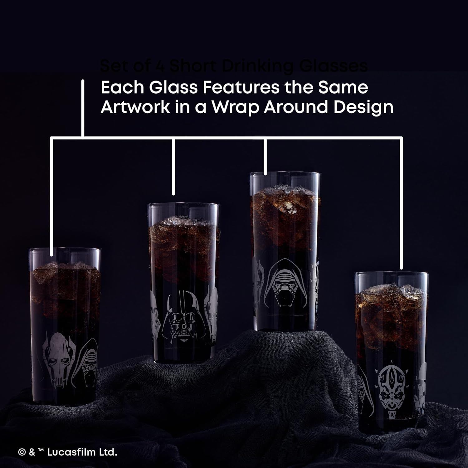 Star Wars Dark Side Drinking Glasses Set of 4, 15Oz Highball Glasses, Tall Glass