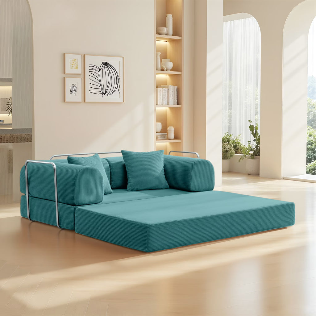 63" W Combination Sofa, High Rebound Density Sponge Sofa Couch, Two Forms Floor Couch Three Seats Sofa Bed for Living Room, Bedroom, Seafoam